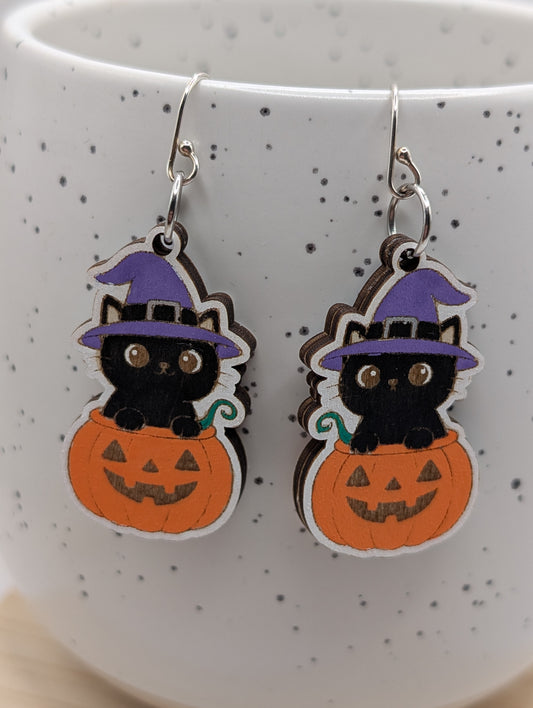 Boucles d'oreilles pendantes Chat noir dans les citrouilles
