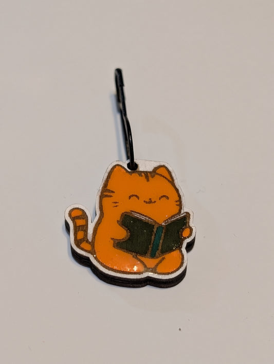 Orange Cat Reading Stitch Marker